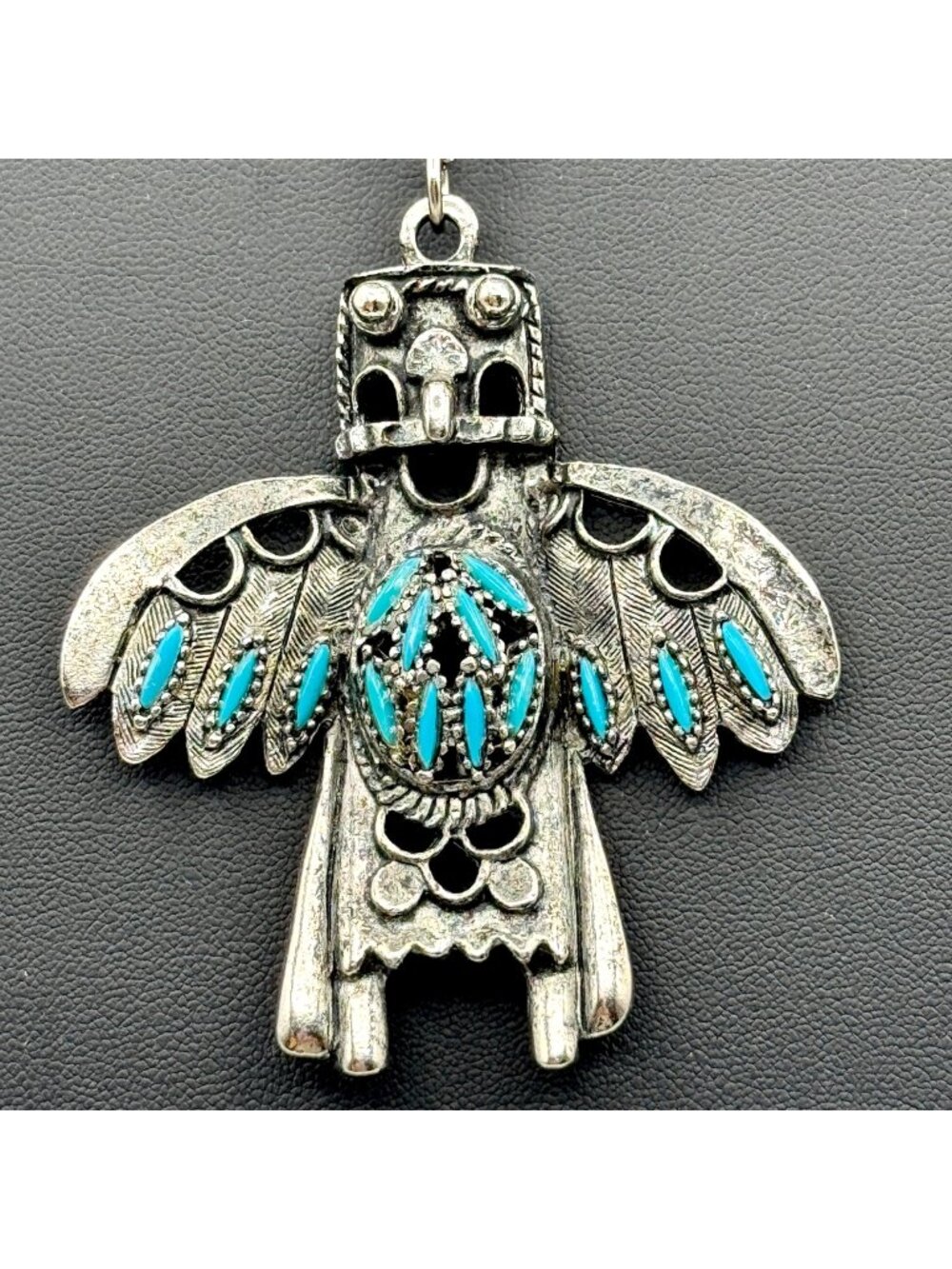 Vintage Kachina Bird Totem Necklace Pendant Southwestern Style Silvertone Blue